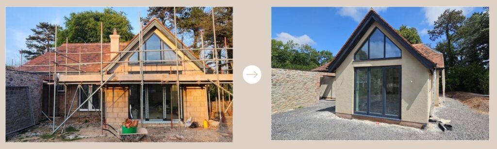 Stone cottage retrofit, extension side, before and after damp proofing and rendering
