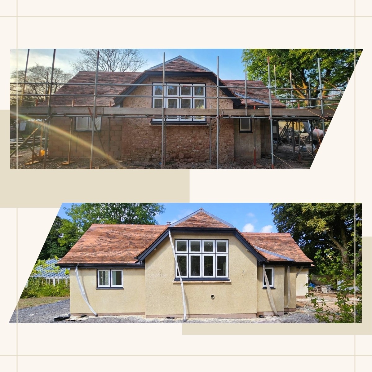 Stone cottage retrofit before and after image after waterproof lime plastering with Rinzaffo MGN and rendering with Sanacolor 2000 MGN external render